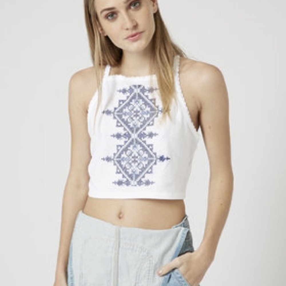 Topshop High Neck Embroidered Crop Top